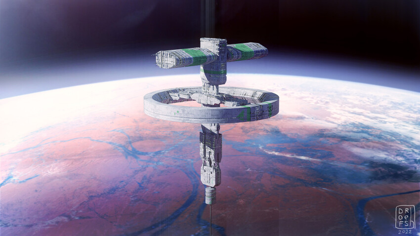 dofresh, highres, in_orbit, infinite_fleet, mars_(planet), no_humans, official_art, scenery, science_fiction, space, space_elevator, space_station
