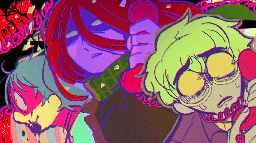 3boys, blue_hair, coat, colored_skin, colorful, corded_phone, don't_hug_me_i'm_scared, duck_(dhmis)