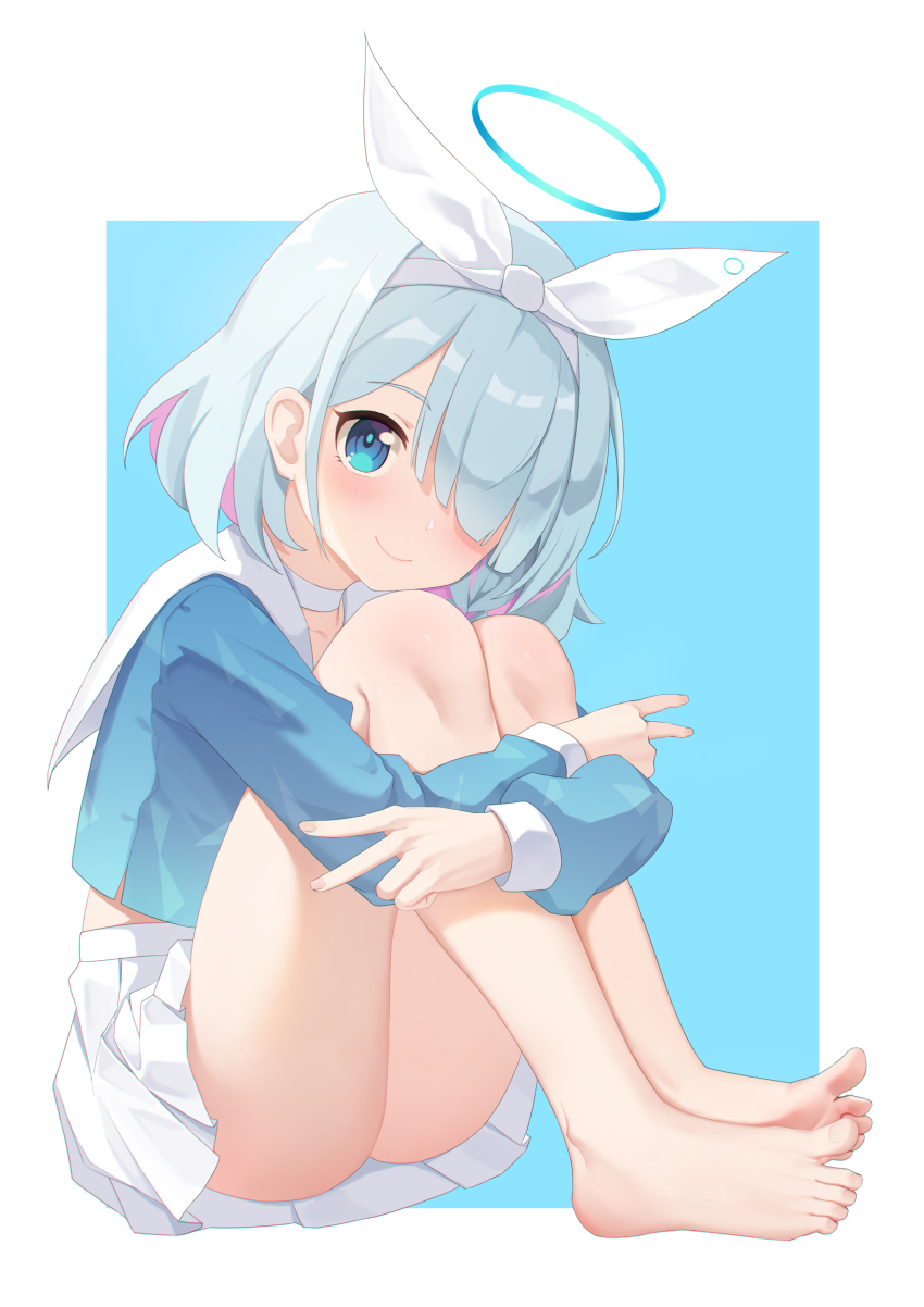 1girl, a_san_san, absurdres, arona_(blue_archive), barefoot, blue_archive, blue_eyes, blue_hair, braid, feet, hair_ribbon, halo, highres, looking_at_viewer, no_shoes, pleated_skirt, ribbon, school_uniform, serafuku, short_hair, skirt, spread_toes, thighs, toes