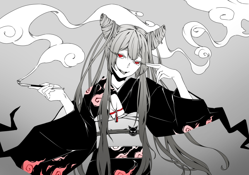 1girl, ayashimon, black_kimono, grey_background, grey_hair, hair_horns, hand_up, highres