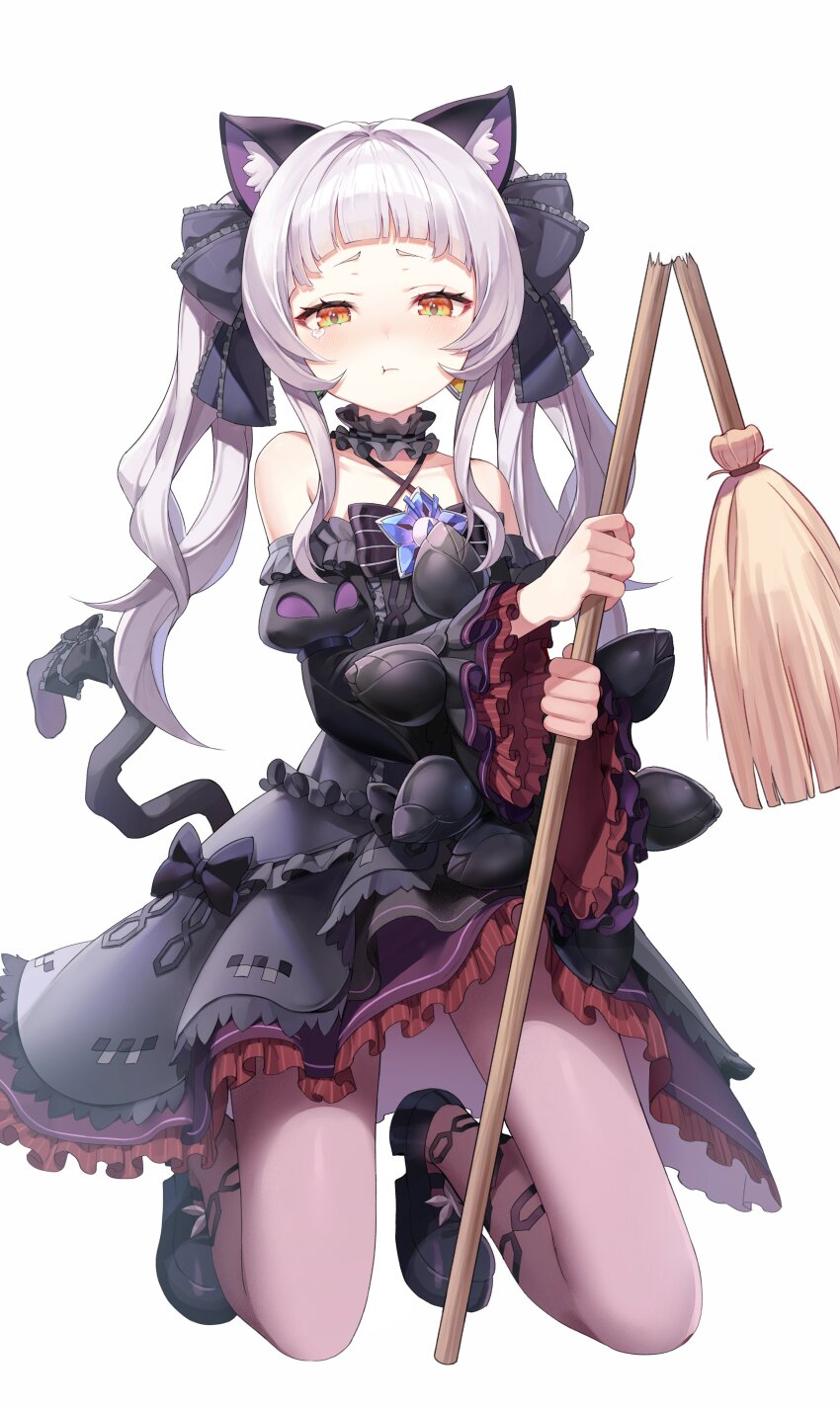 1girl, absurdres, animal_ears, bare_shoulders, black_bow, black_dress, black_footwear, blush