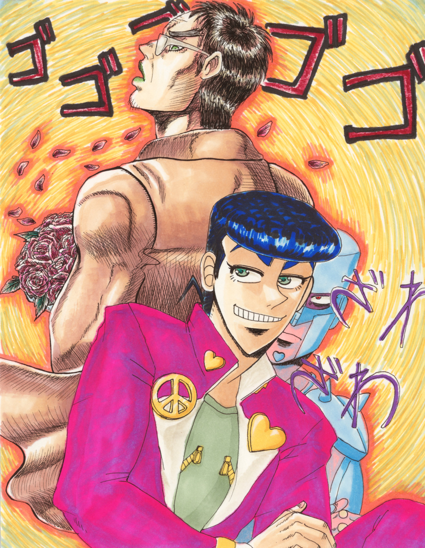 2boys, absurdres, bad_id, bad_pixiv_id, crazy_diamond, crossover, endou_yuuji, flower