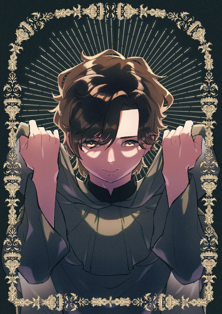 1boy, anthony_(shadows_house), black_shirt, brown_hair, closed_mouth, holding, hood, long_sleeves, looking_at_viewer, male_focus, nikomi_(nikomix), shaded_face, shadows_house, shirt, short_hair, solo, upper_body, yellow_eyes