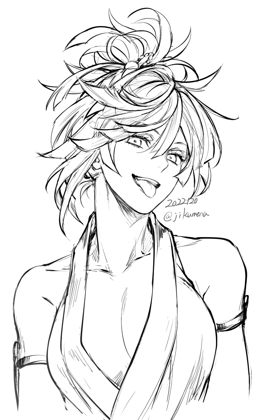 1girl, armband, breasts, cleavage, dated, greyscale, highres, jigokuraku