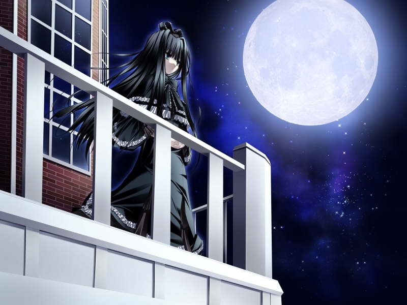 1girl, aona_masao, balcony, black_capelet, black_dress, black_hair, black_ribbon, black_theme