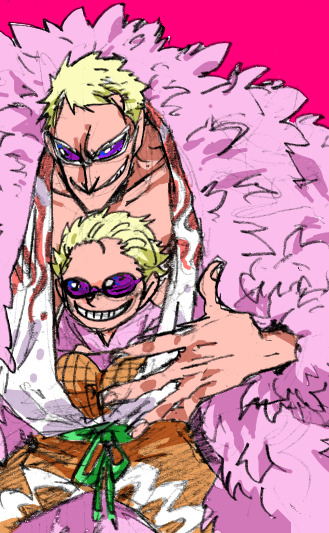 2boys, aged_down, blonde_hair, child, coat, donquixote_doflamingo, feather_coat, feathers