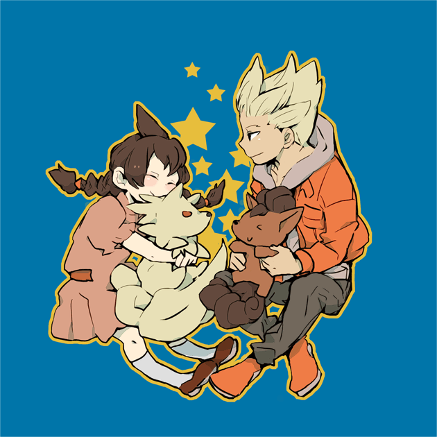 1boy, 1girl, bad_id, bad_pixiv_id, braid, brother_and_sister, brown_hair, crossover