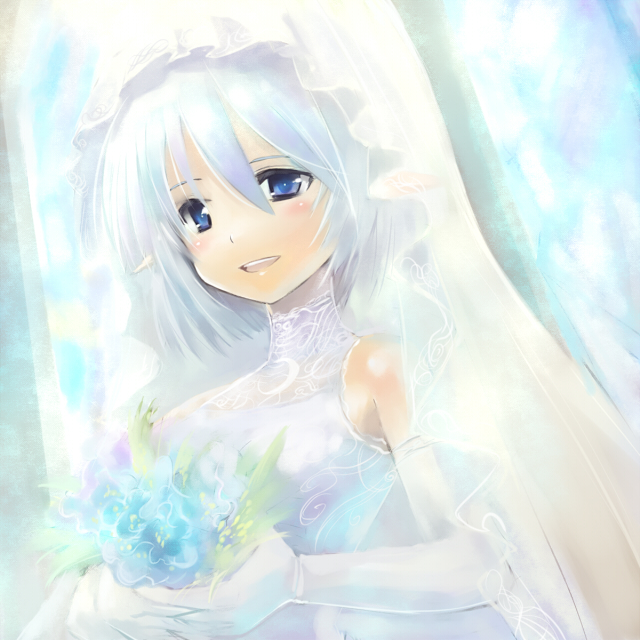 1girl, artemisia_(pixiv_fantasia), blue_eyes, bouquet, bridal_veil, bride, dress, edobox
