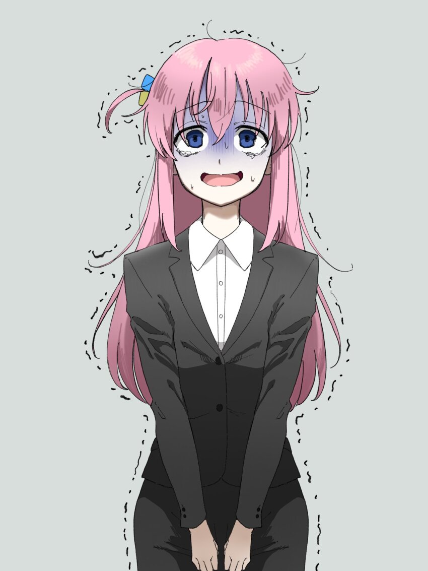 1girl, black_jacket, black_skirt, blue_eyes, bocchi_the_rock!, collared_shirt, cube_hair_ornament, formal_clothes, gotoh_hitori, gyoza_2001, hair_between_eyes, hair_ornament, highres, jacket, long_hair, nervous_smile, office_lady, one_side_up, open_mouth, pencil_skirt, pink_hair, scared, shirt, simple_background, skirt, skirt_suit, smile, solo, standing, suit, tears, trembling