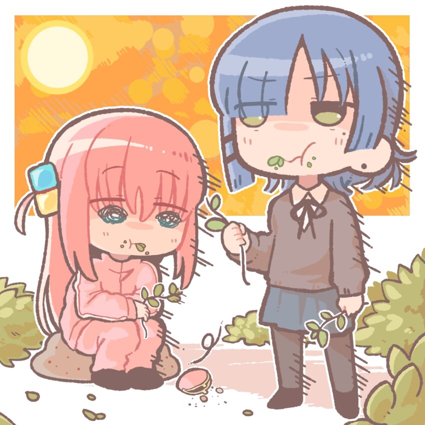 2girls, black_ribbon, black_skirt, blue_eyes, blue_hair, bocchi_the_rock!, branch, chibi