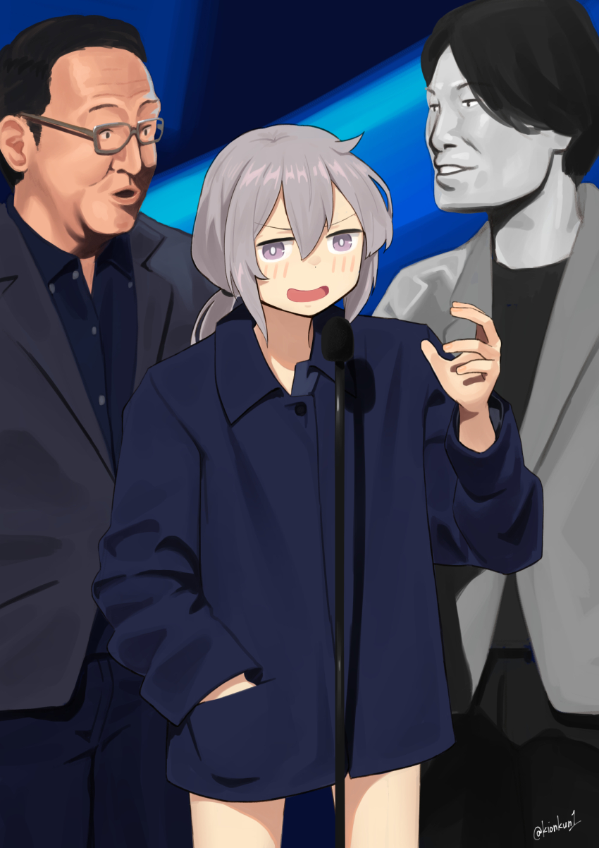 1girl, 2boys, artist_name, collared_jacket, girls'_frontline, glasses, grey_eyes, grey_hair, hand_in_pocket, hand_up, highres, jacket, kion-kun, low_ponytail, m200_(girls'_frontline), microphone_stand, miyazaki_hidetaka, multiple_boys, oversized_clothes, ponytail, real_life, standing