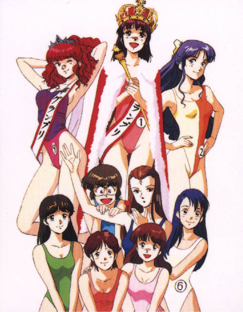 1980s_(style), 6+girls, amano_kazumi, arms_behind_head, blue_hair, brown_eyes, brown_hair, casual_one-piece_swimsuit, competition_swimsuit, crown, glasses, highleg, highleg_one-piece_swimsuit, higuchi_kimiko, jung_freud, legs, long_hair, mikimoto_haruhiko, multiple_girls, oldschool, one-piece_swimsuit, purple_hair, red_hair, retro_artstyle, swimsuit, takaya_noriko, top_wo_nerae!, top_wo_nerae!_(series)
