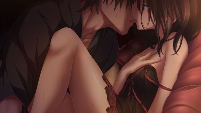 1boy, 1girl, amatsutsumi, black_dress, black_shirt, brown_eyes, brown_hair, couple