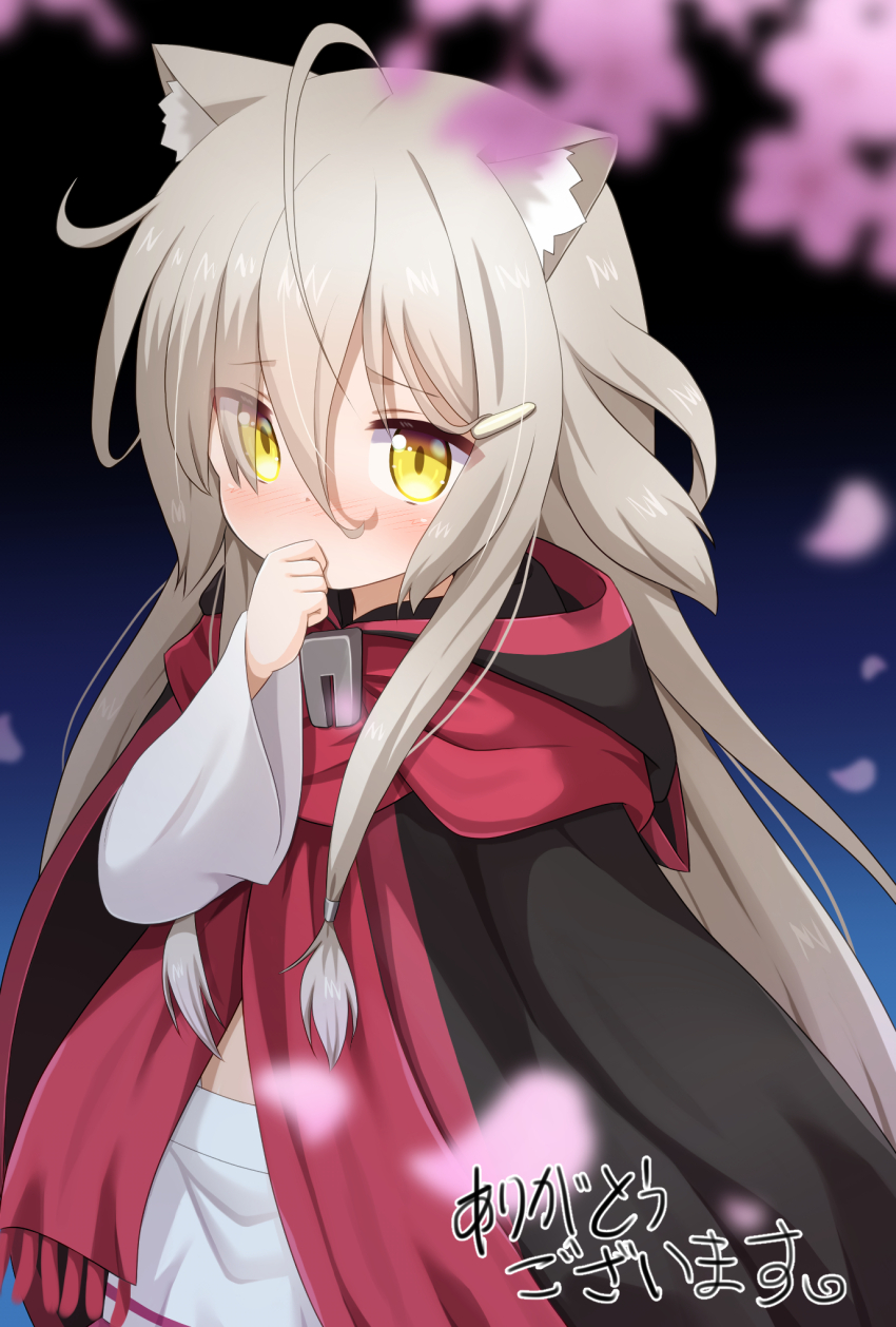 1girl, animal_ears, black_coat, cat_ears, cat_girl, coat, commission, highres, hood, hood_down, hooded_coat, kuro_(sakura_moyu), light_brown_hair, long_hair, long_sleeves, looking_at_viewer, mogura2009, open_clothes, open_coat, red_scarf, sakura_moyu, scarf, skeb_commission, skirt, white_skirt, yellow_eyes