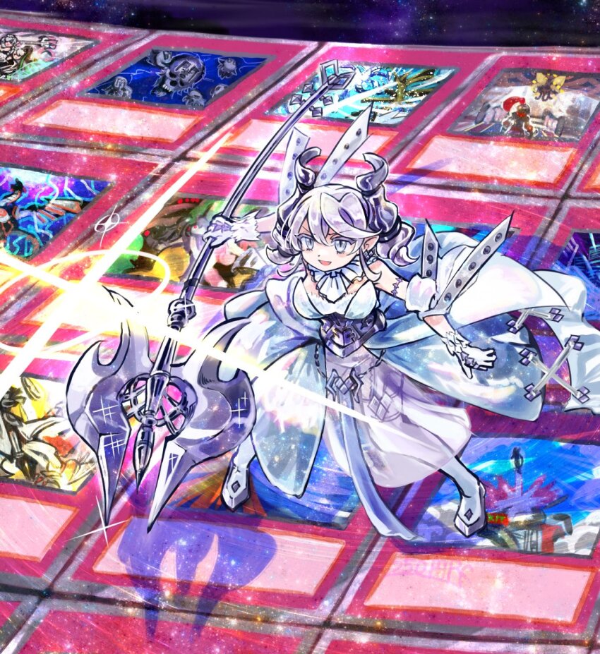 1girl, 250en_remon, bare_shoulders, breasts, card, demon_girl, dress, gloves