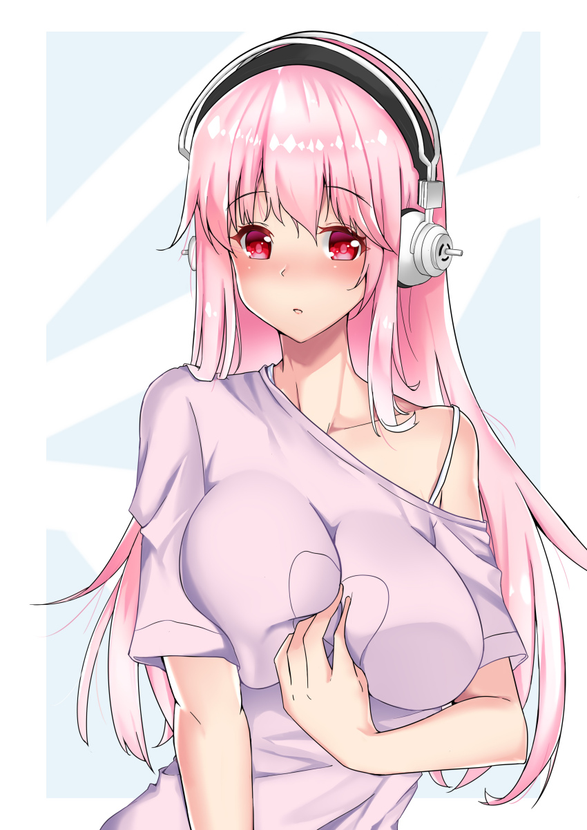 1girl, absurdres, blush, breasts, cleavage, headphones, highres, large_breasts