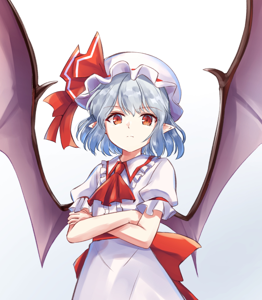 1girl, ascot, bat_wings, closed_mouth, crossed_arms, grey_hair, hat, hat_ribbon, highres, kachuten, looking_at_viewer, mob_cap, pointy_ears, red_ascot, red_eyes, red_ribbon, remilia_scarlet, ribbon, short_hair, short_sleeves, simple_background, smile, solo, touhou, upper_body, white_background, white_hat, wings