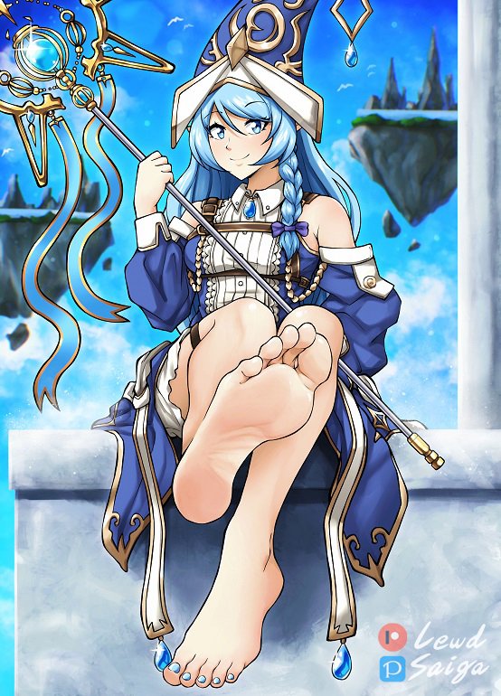 1girl, barefoot, blue_eyes, blue_hair, feet, foot_focus, lewdsaiga, long_hair, looking_at_viewer, nail_polish, sky, smile, soles, solo, toenail_polish, toenails, toes, water_enchantress_of_the_temple, yu-gi-oh!
