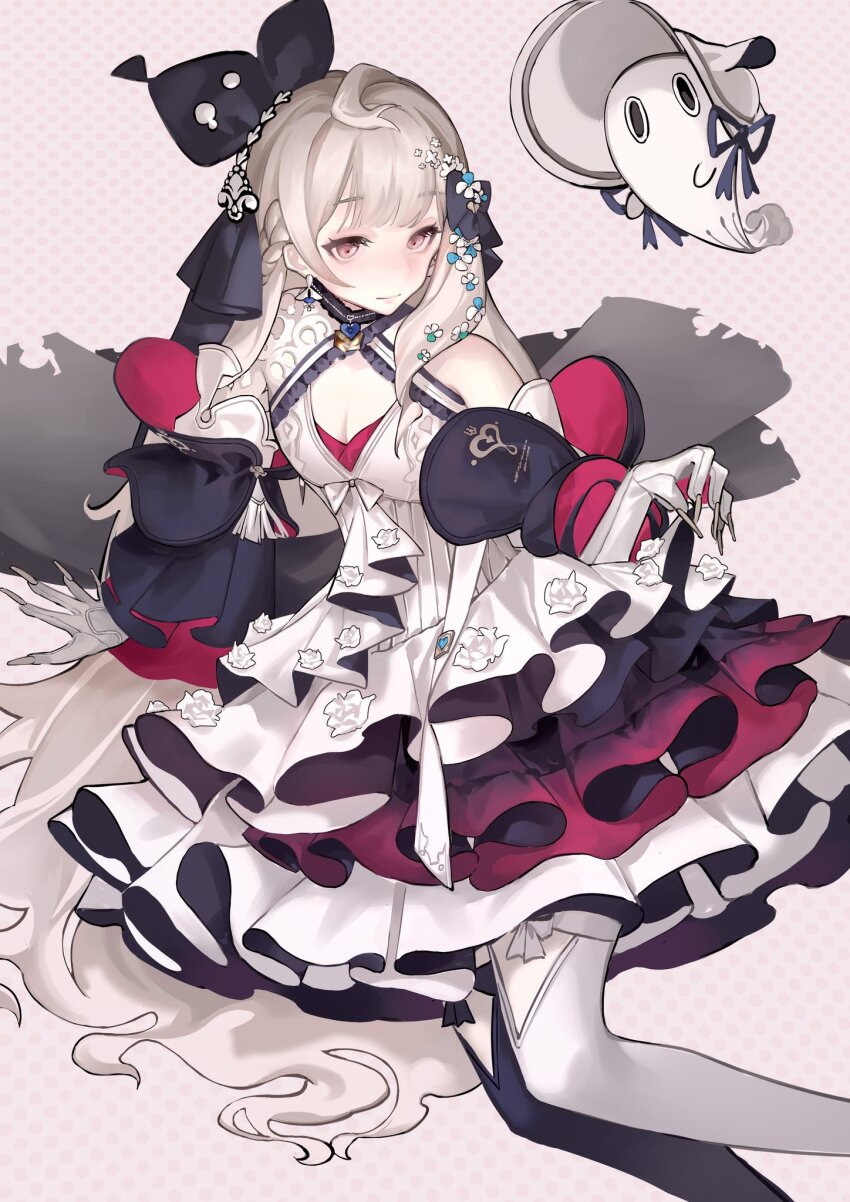 1girl, absurdly_long_hair, ahoge, arm_support, asymmetrical_legwear, awakeningdog, black_ribbon, black_sleeves