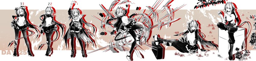 1girl, absurdres, alternate_costume, antenna_hair, arknights, arm_support, arms_up, belt_pouch