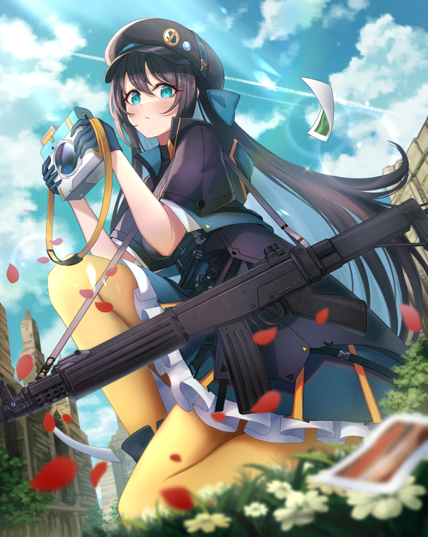 1girl, absurdres, assault_rifle, blue_eyes, blue_gloves, blue_hair, blue_sky, brown_hair