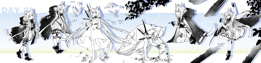 1girl, absurdres, animal_ears, ankle_boots, arknights, attack, bent_over, bird