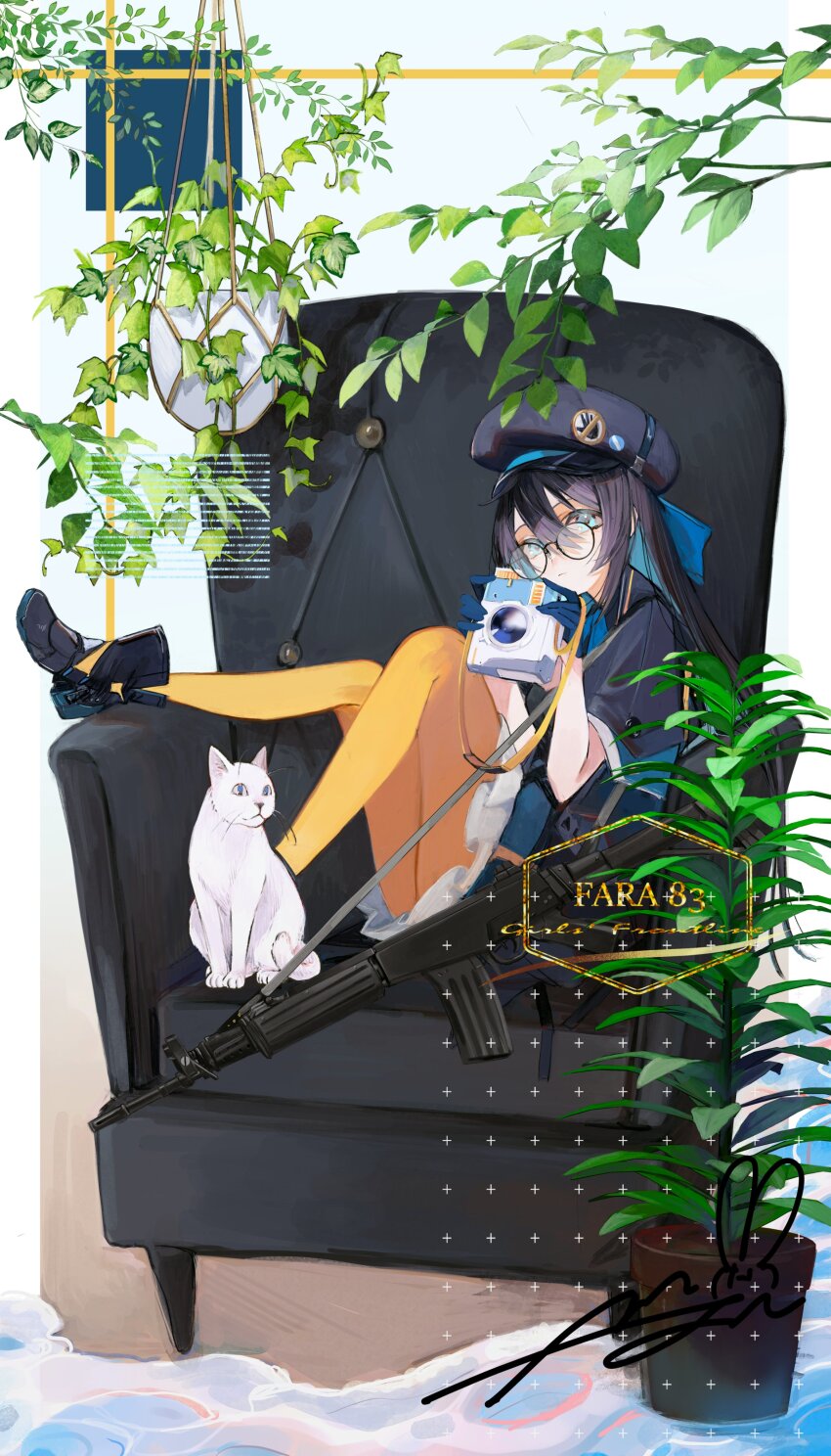 1girl, aaoshigatoutoi, absurdres, armchair, assault_rifle, black_footwear, black_hair, blue_eyes