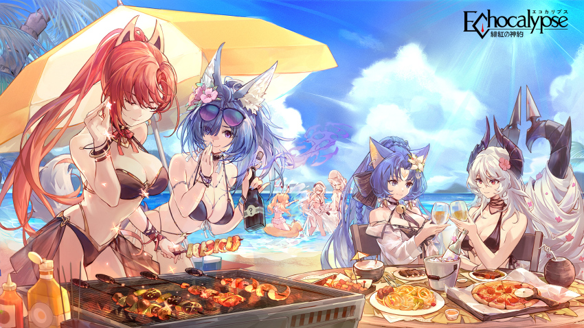 6+girls, aiken_(echocalypse), animal_ear_fluff, bikini, black_bikini, blonde_hair, blue_bikini, blue_hair
