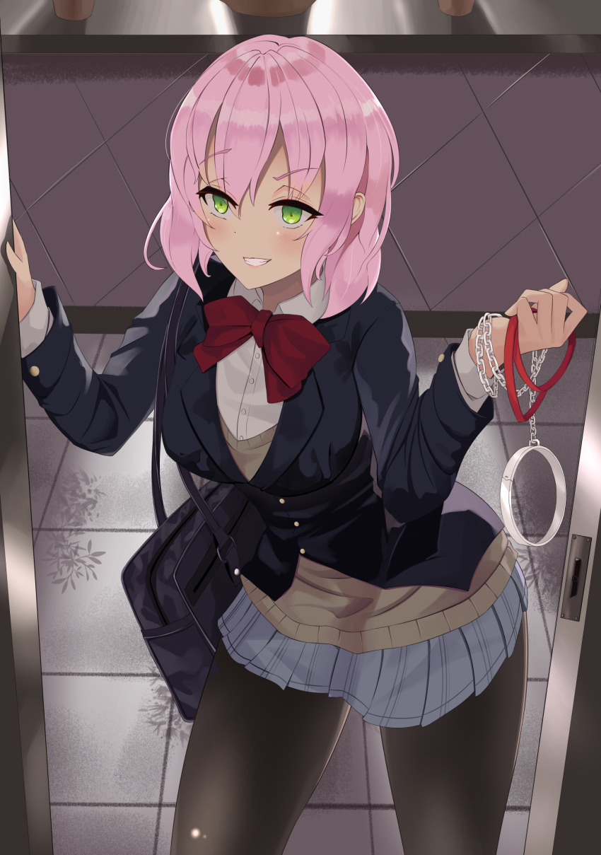 1girl, alternate_costume, bag, black_bra, black_jacket, black_pantyhose, blazer, blue_skirt, bow, bowtie, bra, brown_sweater_vest, collar, collared_shirt, commentary_request, contemporary, green_eyes, hair_between_eyes, highres, holding, holding_collar, holding_leash, indoors, jacket, kaifuku_jutsushi_no_yarinaoshi_~sokushi_mahou_to_skill_copy_no_chouetsu_heal~, leash, looking_at_viewer, norn_clatalissa_jioral, open_door, pantyhose, parted_lips, pink_hair, red_bow, red_bowtie, reiruiki, school_bag, school_uniform, shirt, short_hair, skirt, smile, sweater_vest, tile_floor, tiles, toilet_stall, underwear, white_shirt