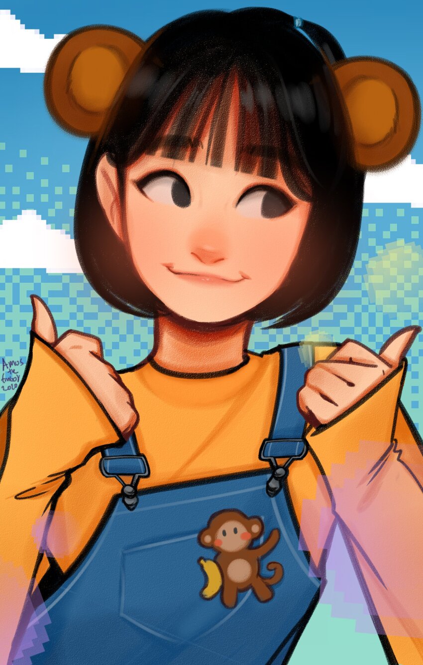 1girl, absurdres, amos_the_fanboy, animal_ears, artist_name, banana, binnie_(singer), black_eyes, black_hair, blue_overalls, blunt_bangs, bob_cut, close-up, closed_mouth, cloud, commentary, dated, dithered_background, dithering, double_thumbs_up, empty_eyes, fake_animal_ears, food, fruit, head_tilt, highres, korean_commentary, lips, long_sleeves, looking_away, looking_to_the_side, monkey, monkey_ears, oh_my_girl_(k-pop_group), overalls, pixel_art, portrait, real_life, shirt, short_hair, signature, sky, sleeves_past_wrists, smile, solo, texture, thumbs_up, upper_body, yellow_shirt