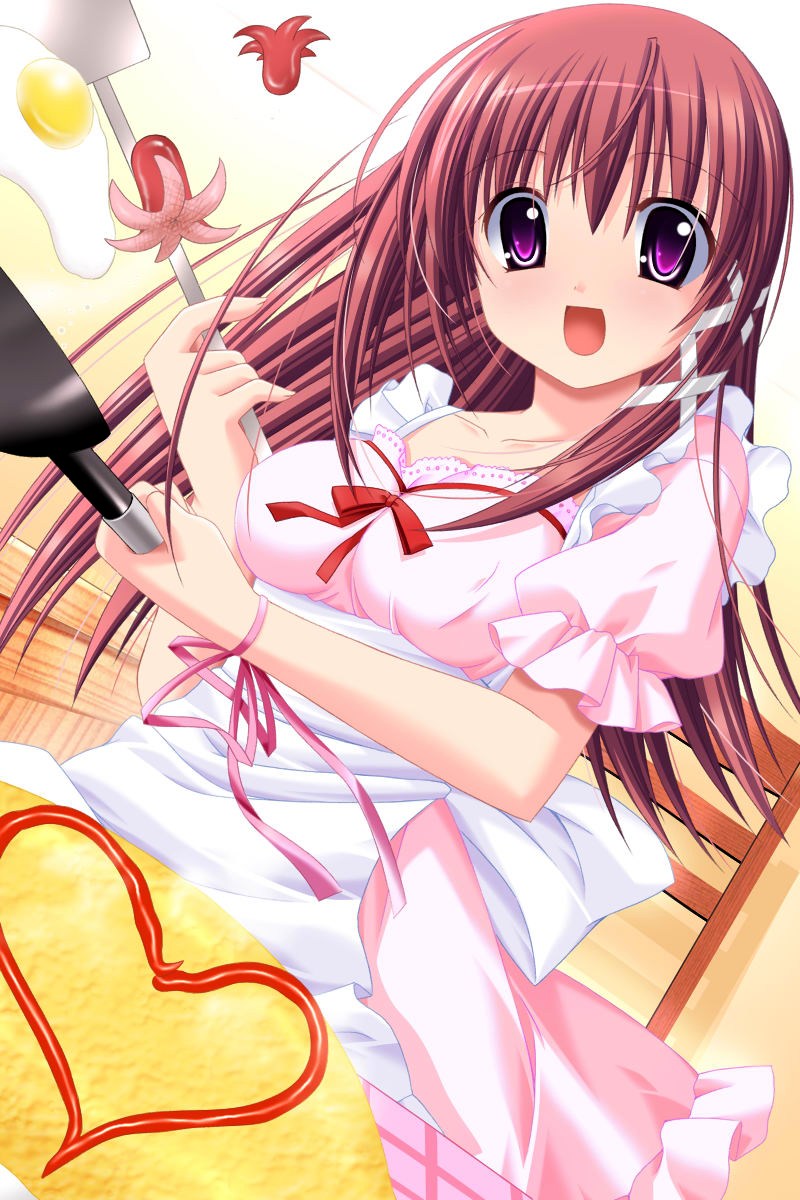 1girl, apron, atelier_kaguya, breasts, choco_chip, female_focus, food, frying_pan, fumitsuki_hotaru, game_cg, heart, highres, indoors, long_hair, omelet, omurice, open_mouth, pink_hair, purple_eyes, ribbon, sausage, school_project, solo, spatula, sunny_side_up_egg