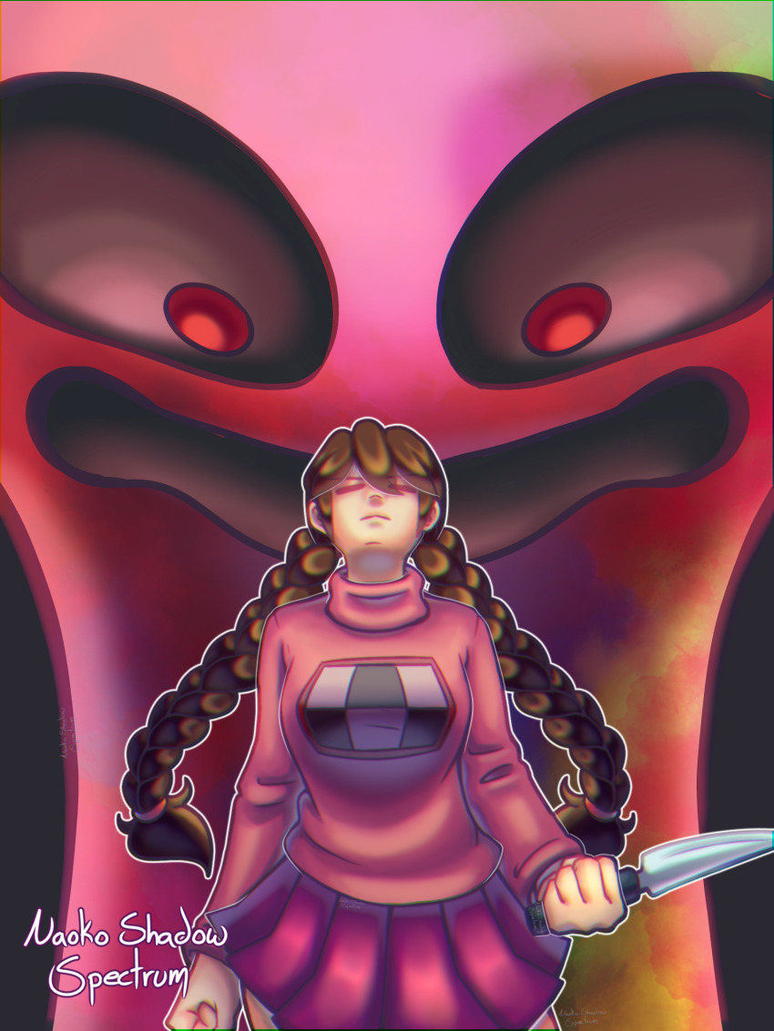 1girl, absurdres, braid, closed_eyes, dreaming, highres, holding, holding_knife, holding_weapon, indiegames, kikiyama, knife, kyukyu-kun, madotsuki, monster, naoko_shadow_spectrum, nightmare, size_comparison, size_difference, skirt, sweater, twin_braids, weapon, yume_nikki