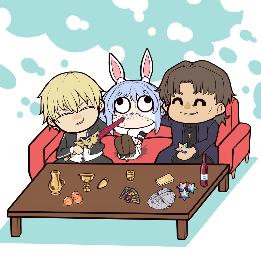 1girl, 2boys, absurdres, animal_ears, blonde_hair, blue_hair, bottle, bound