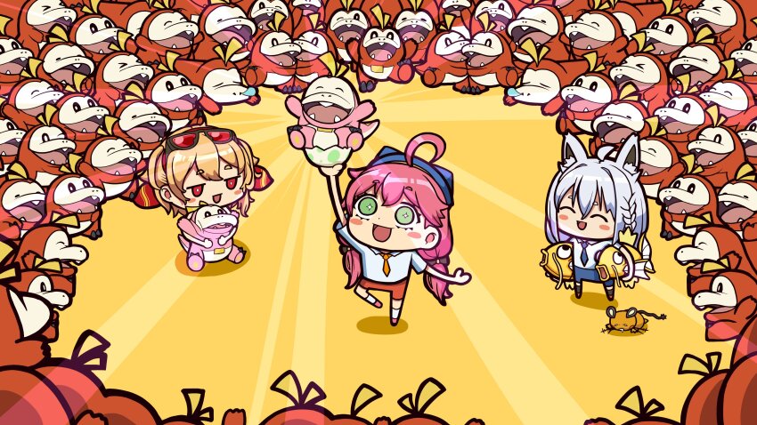 +_+, 3girls, absurdres, ahoge, alternate_color, animal_ears, blonde_hair, blush_stickers