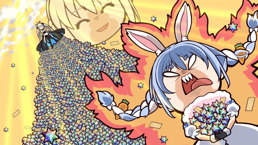 2girls, absurdres, animal_ears, black_dress, black_gloves, blue_hair, braid, carrot_hair_ornament