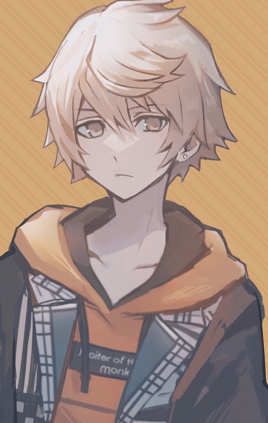 1boy, 3ch_, black_coat, blonde_hair, brown_eyes, closed_mouth, clothes_writing, coat