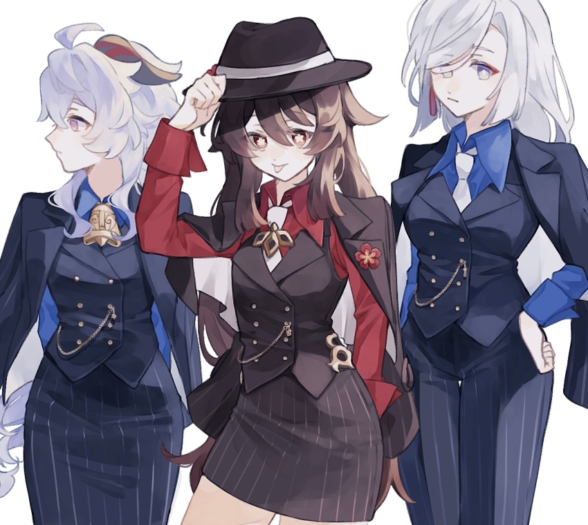 3girls, ahoge, aqua_eyes, bell, black_suit, blue_hair, brown_eyes, brown_hair, cowboy_shot, fedora, flower, flower-shaped_pupils, formal_clothes, ganyu_(genshin_impact), genshin_impact, hair_over_one_eye, hat, highres, horns, hu_tao_(genshin_impact), hu_tao_(oneplus)_(genshin_impact), kun_(user_ahgn2825), long_hair, looking_at_viewer, looking_to_the_side, multiple_girls, neck_bell, necktie, pinstripe_pattern, pinstripe_skirt, plum_blossoms, purple_eyes, shenhe_(genshin_impact), standing, striped, suit, symbol-shaped_pupils, tongue, tongue_out, white_background, white_hair, white_necktie