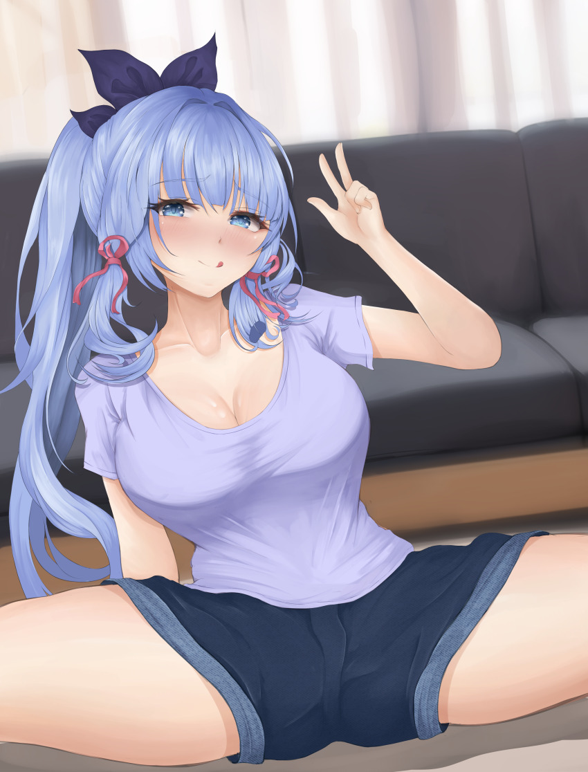1girl, :q, absurdres, alternate_costume, ayaka_(genshin_impact), blue_eyes, blue_hair, blue_ribbon, blue_shorts, breasts, cleavage, collarbone, commentary, couch, english_commentary, genshin_impact, hand_up, highres, indoors, large_breasts, long_hair, looking_at_viewer, nau_aru, purple_shirt, ribbon, shirt, short_sleeves, shorts, sitting, smile, solo, spread_legs, thighs, tongue, tongue_out, very_long_hair, w
