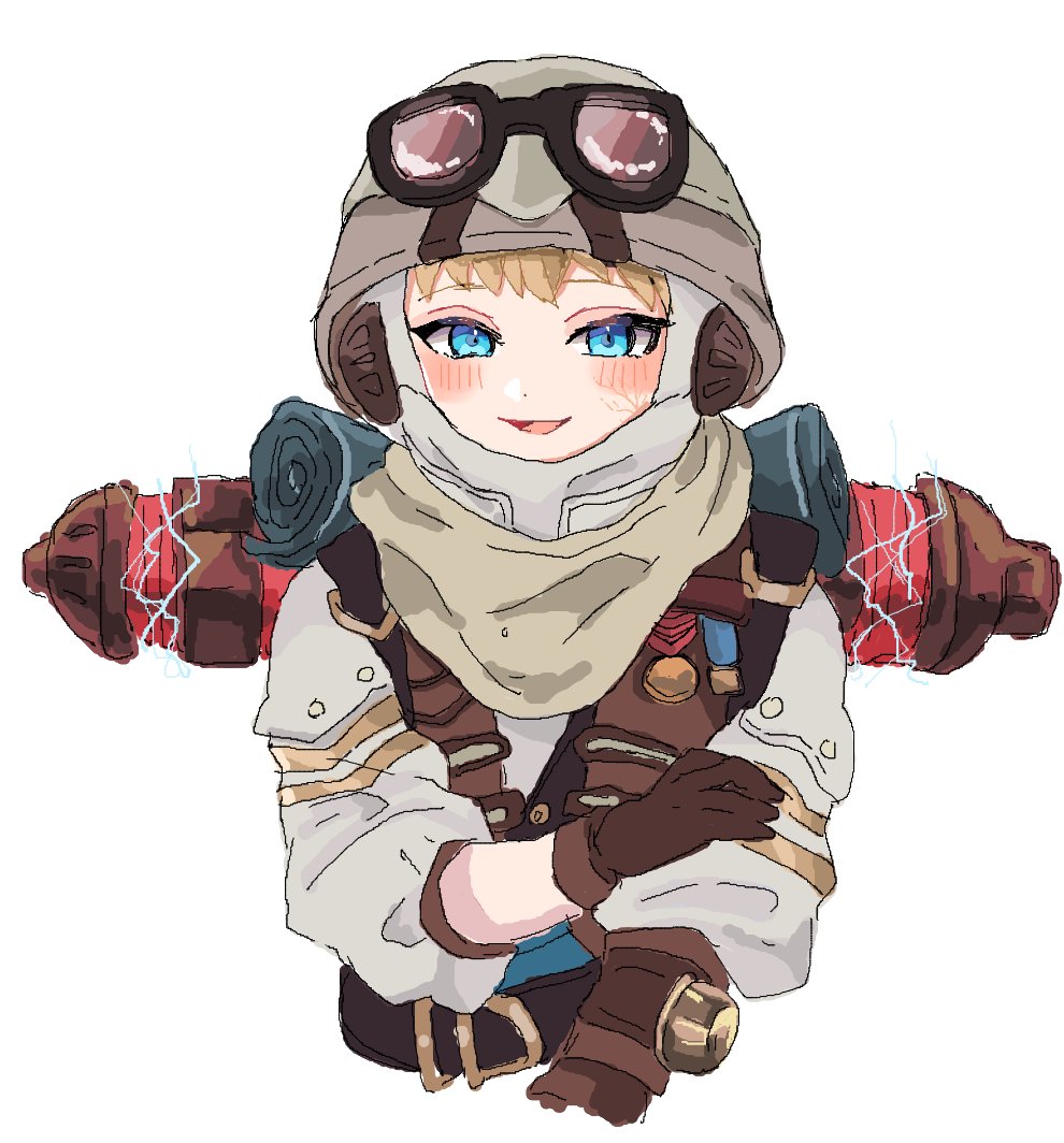 1girl, animification, apex_legends, blue_eyes, blush, brown_gloves, brown_headwear, brown_scarf, electricity, eyewear_on_headwear, facial_scar, gloves, grey_jacket, hand_on_own_arm, helmet, jacket, official_alternate_costume, open_mouth, outlands_explorer_wattson, riku_(ururi7610), scar, scar_on_cheek, scar_on_face, scarf, simple_background, smile, solo, sunglasses, upper_body, wattson_(apex_legends), white_background