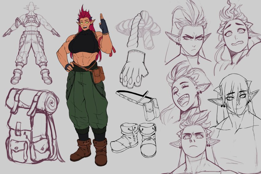 1girl, absurdres, ali_(sotcho), backpack, bag, baggy_pants, belt_pouch, black_horns