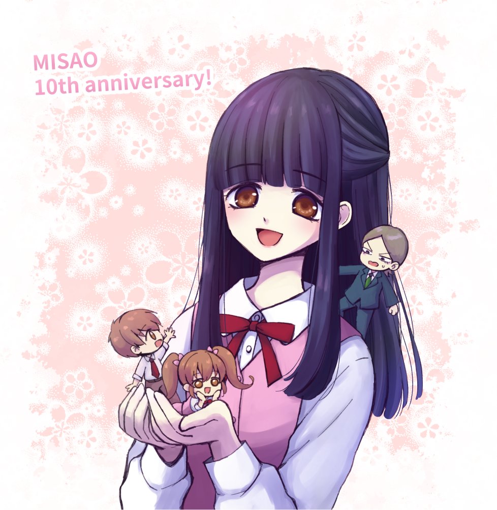 2boys, 2girls, black_hair, blunt_bangs, bow, brown_hair, chibi, dual_persona