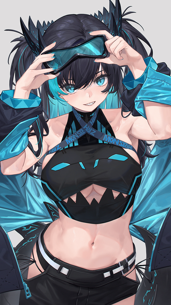1girl, asymmetrical_clothes, black_hair, blue_hair, blue_nails, breasts, clothes_writing, clothing_cutout