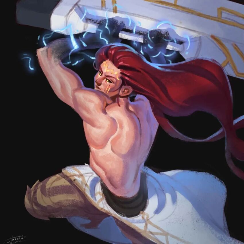 1boy, black_background, black_sclera, colored_sclera, dark_background, electricity, facial_mark, holding