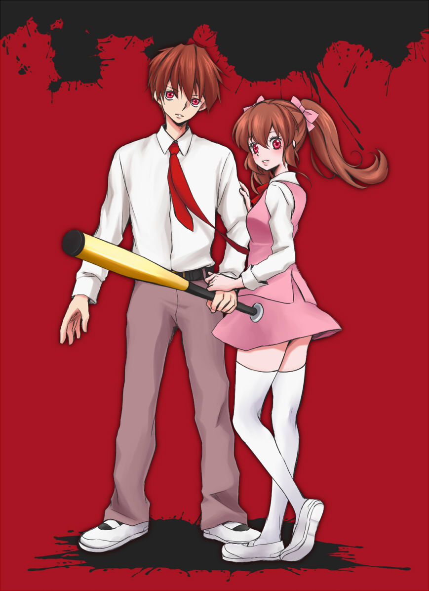 1boy, 1girl, baseball_bat, bow, brown_hair, dual_persona, hair_bow, medium_hair