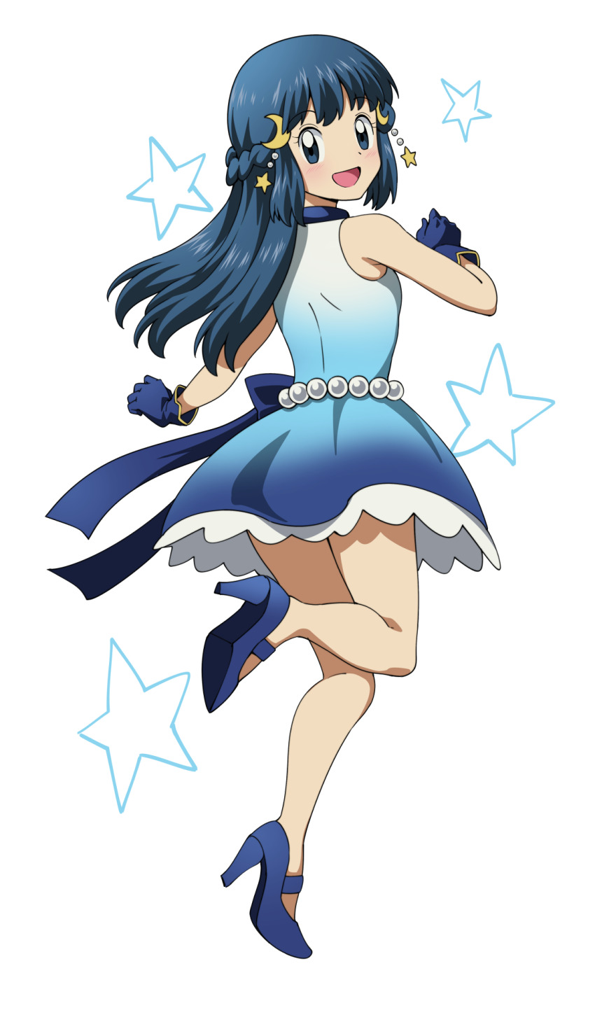 1girl, :d, beads, blue_dress, blue_footwear, blue_gloves, blush, commentary_request, crescent, crescent_hair_ornament, dawn_(pokemon), dress, eyelashes, from_behind, full_body, gloves, gradient_clothes, gradient_dress, hair_ornament, high_heels, highres, leg_up, long_hair, looking_at_viewer, looking_back, nintendo, open_mouth, pokemon, pokemon_(anime), pokemon_journeys, pokemon_swsh075, simple_background, smile, solo, star_(symbol), suitenan, white_background