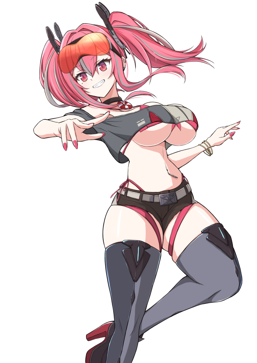 1girl, azur_lane, belt, bikini, boots, breasts, bremerton_(azur_lane), brown_shorts