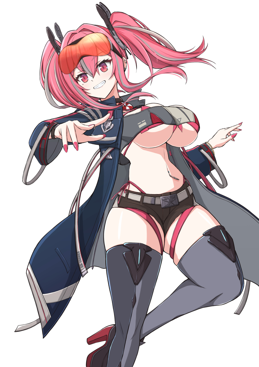 1girl, azur_lane, belt, bikini, blue_coat, boots, breasts, bremerton_(azur_lane)