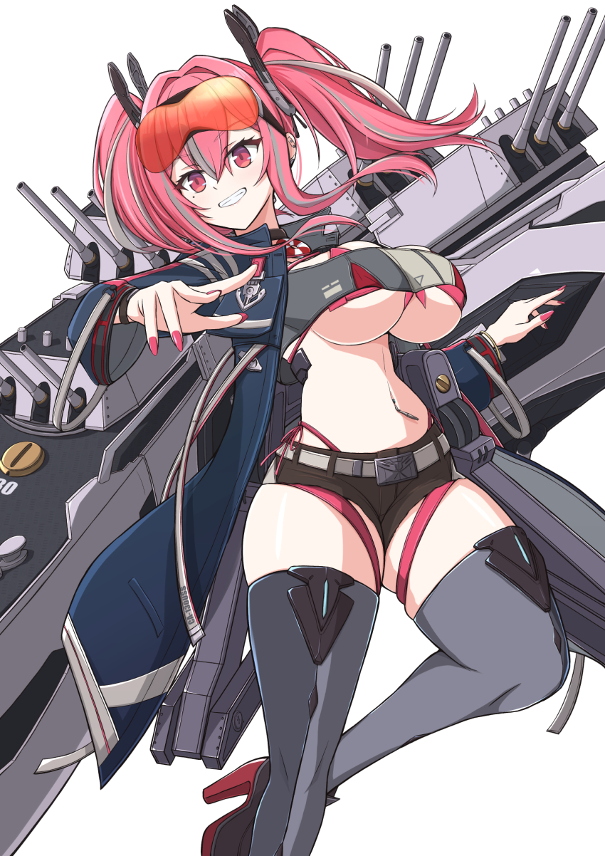 1girl, artillery, azur_lane, belt, bikini, blue_coat, boots, breasts