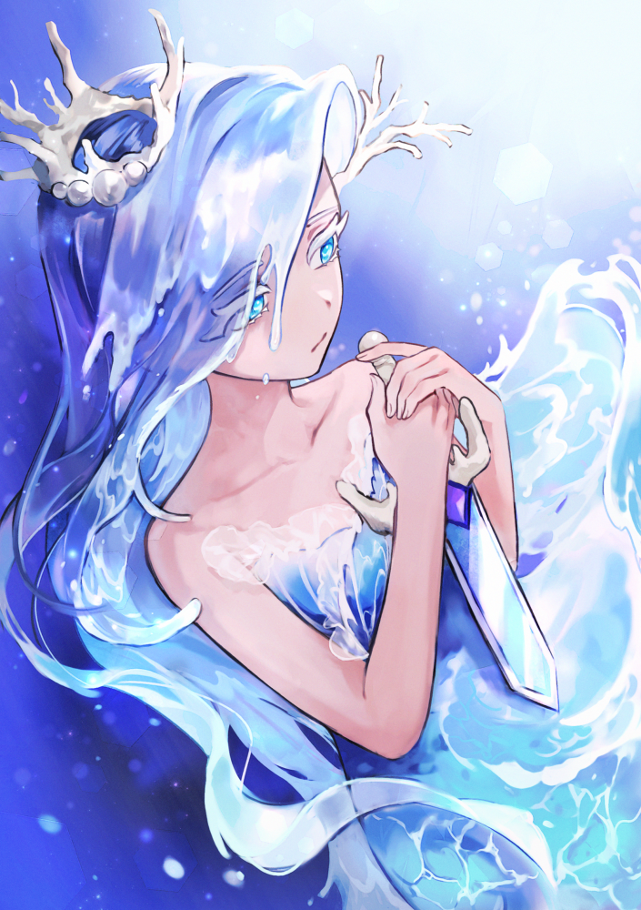 1girl, blue_background, blue_dress, blue_eyes, blue_hair, closed_mouth, colored_eyelashes, comb_over, commentary, cookie_run, coral_hair_ornament, crown, dagger, dress, english_commentary, hair_ornament, holding, holding_dagger, holding_knife, holding_weapon, humanization, knife, lens_flare, liquid_clothes, liquid_hair, long_hair, looking_away, ocer, sea_fairy_cookie, solo, strapless, strapless_dress, upper_body, water_dress, weapon