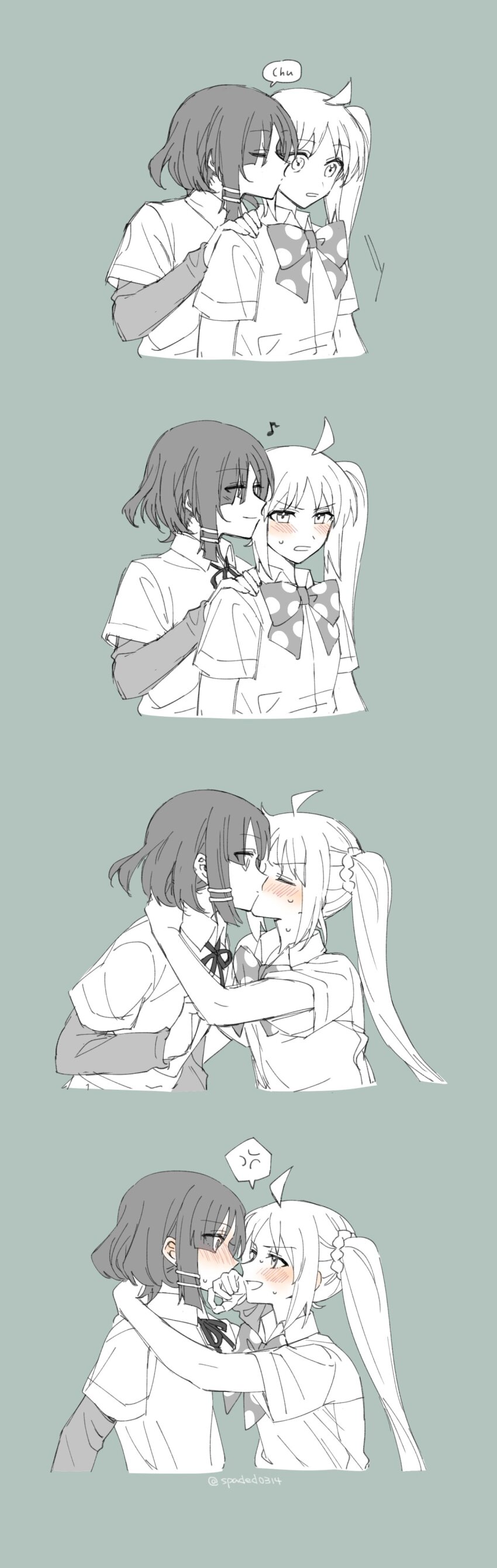 2girls, absurdres, ahoge, blush, bocchi_the_rock!, bow, collared_shirt, greyscale_with_colored_background